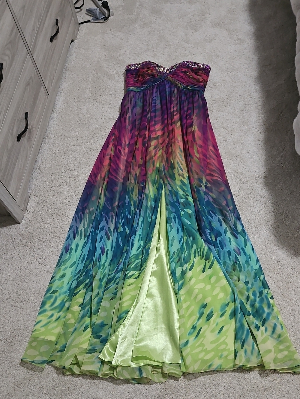 Jovani Strapless Beaded Ombre Gown in Purple, Blue & Lime